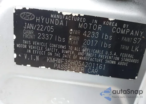 2005 Hyundai Sonata Gls/Lx z USA, uszkodzony, nr VIN KMHWF35H05A201161